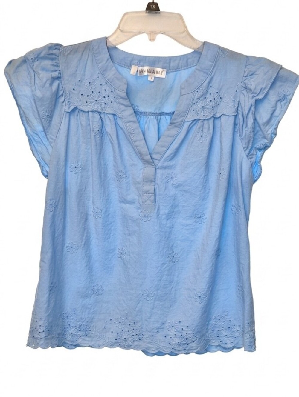 Light Blue Eyelet Cotton Top W Double Ruffle Sleeves By Available Sz M - L